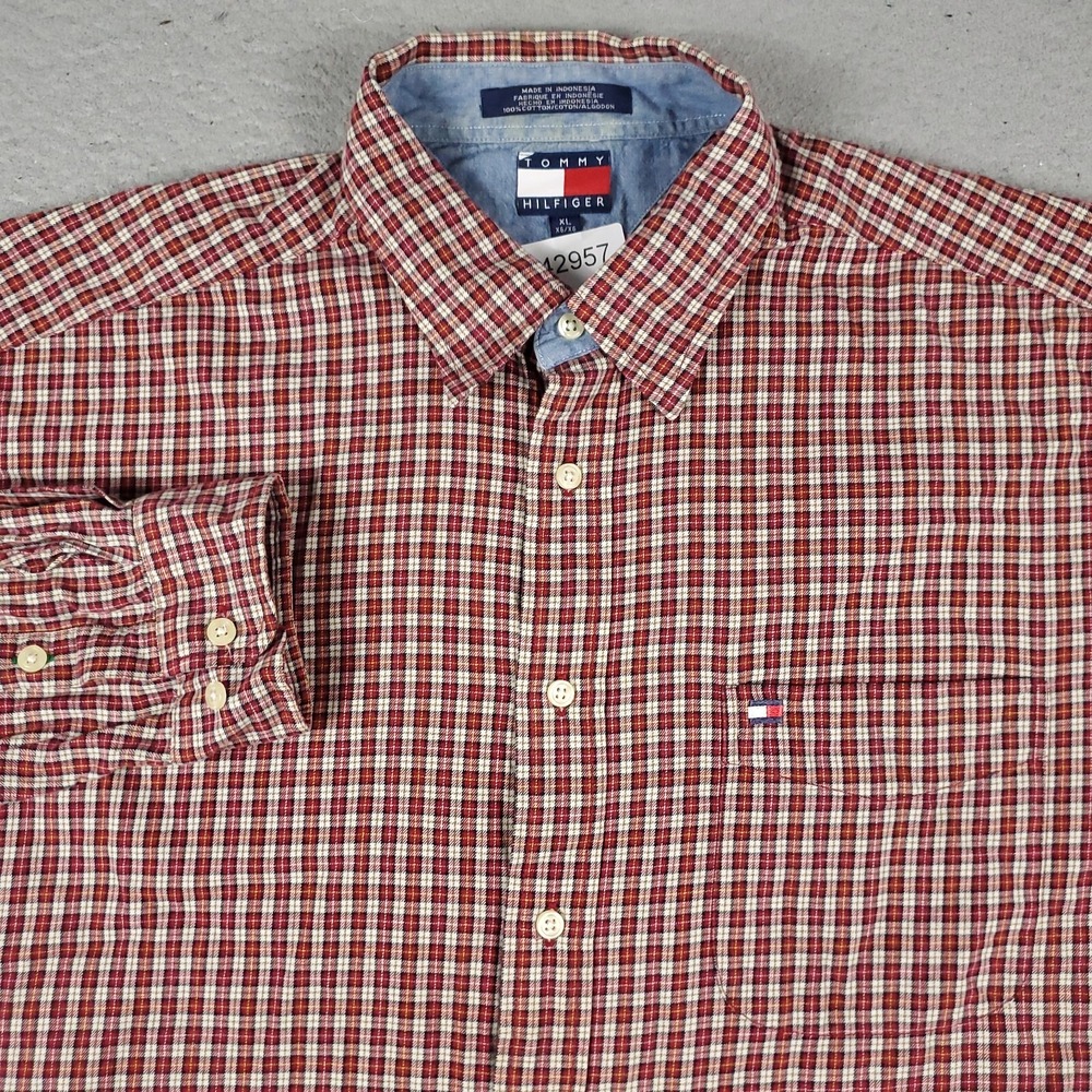 Tommy Hilfiger Shirt Mens XL Red Plaid Casual Button Up Long Sleeve